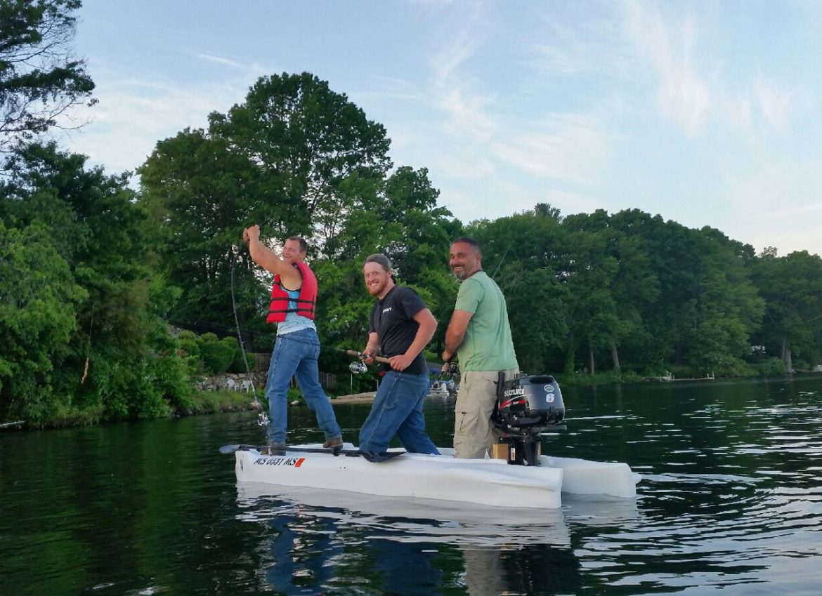 Three anglers fishing standing in the world's most stable kayak, the Wavewalk S4