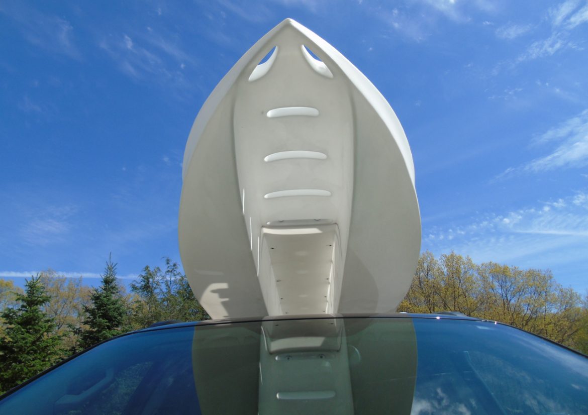 Car-topped Wavewalk S4 portable catamaran skiff