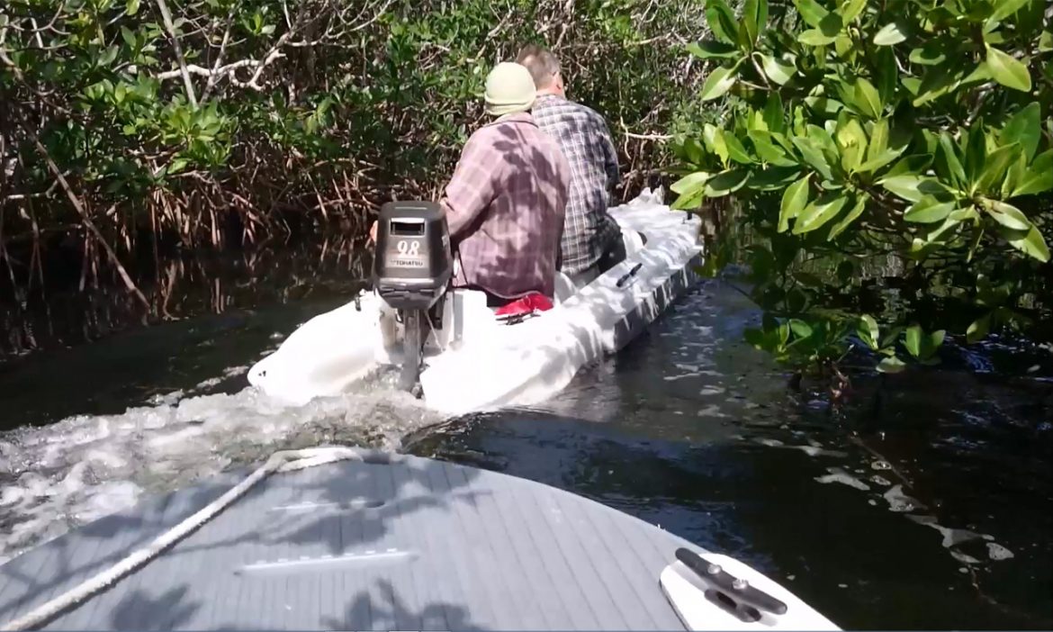 Wavewalk S4 motor kayak skiff high speed chase in narrow winding mangrove creek