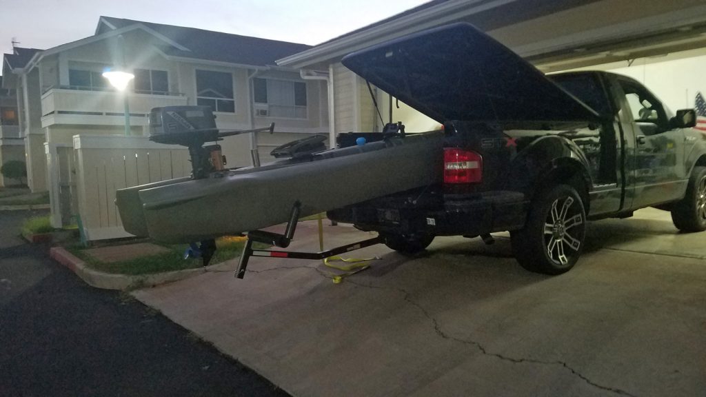 Wavewalk S4 motorized fishing kayak transported on pickup truck bed