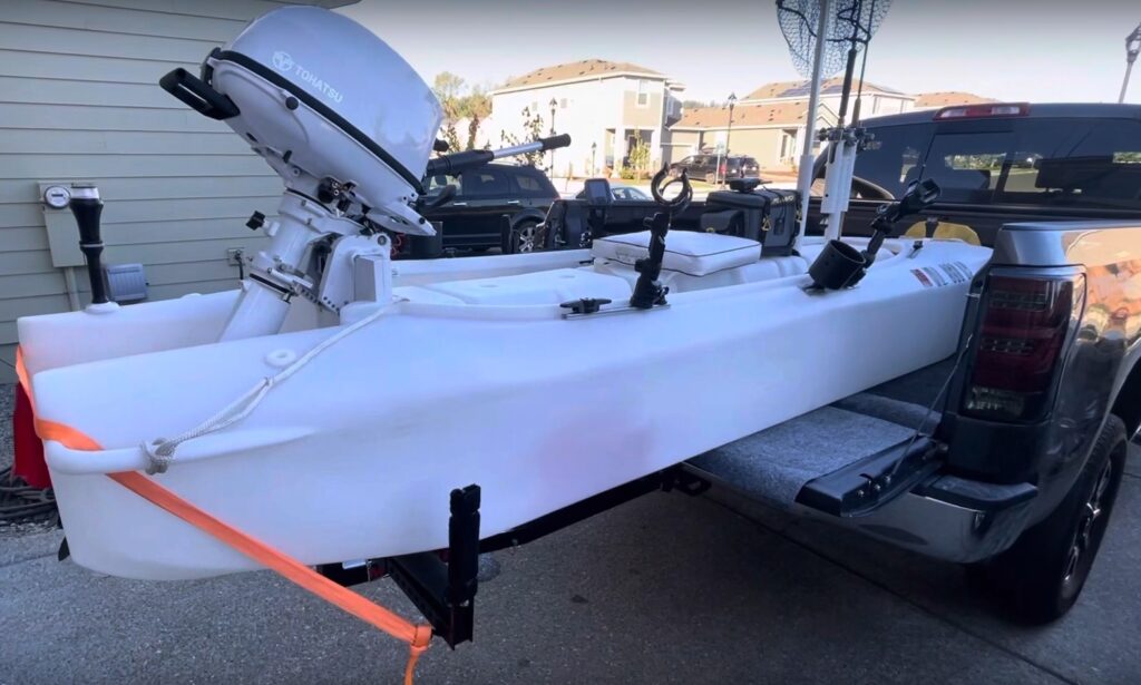 S4 microskiff mounted on pickup truck bed with T extension