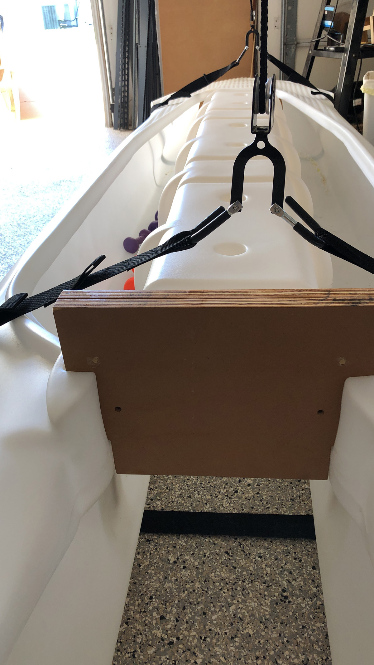 ceiling sling storage system for S4 motor kayak microskiff