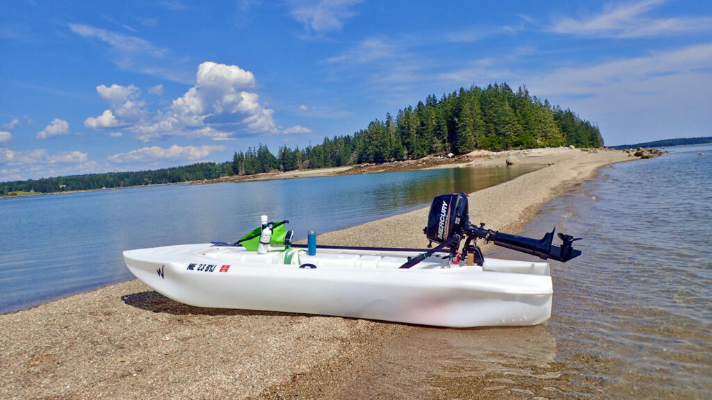 S4 skiff beached on Torrey Island sandbar, Maine