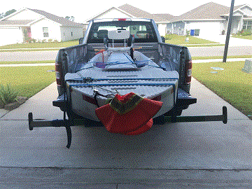 S4 microskiff transported on pickup truck bed with T extension