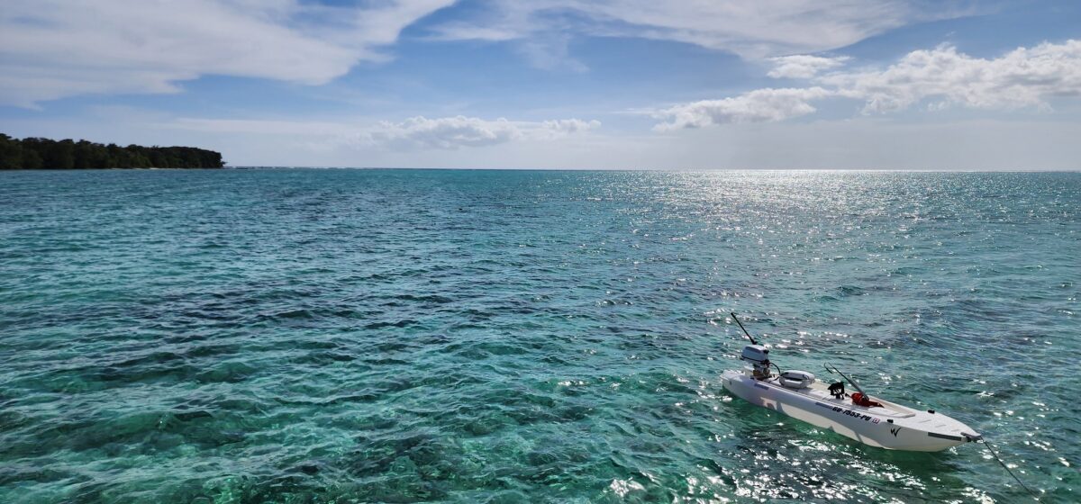 panoramic view of ocean and S4 microskiff - Guam