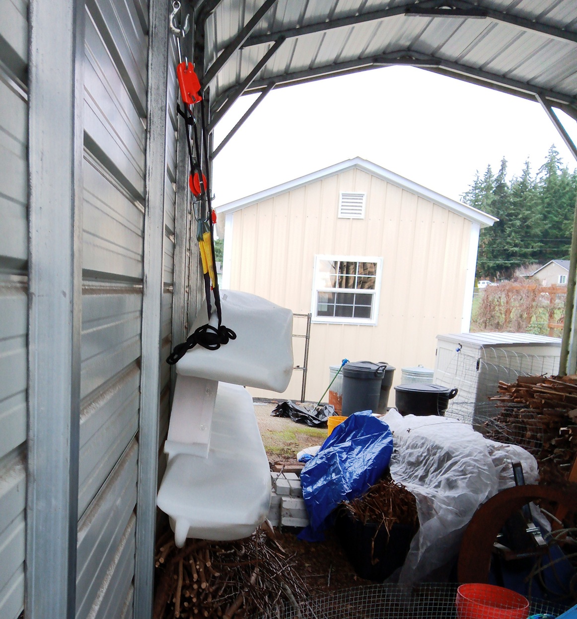 The boat hanging on its side for long term storage